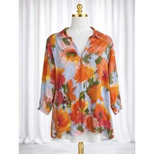 Joie 100% Linen Popover Tunic Top Blouse Vibrant Tropical Floral Size 1x